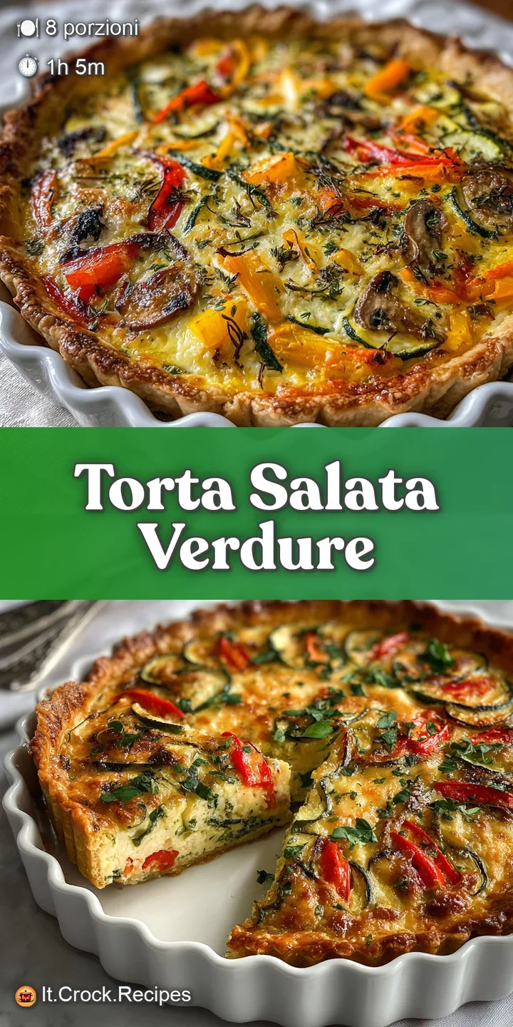 Close-up reveals the torta salata's appealing textures: crisp golden crust and the soft, colorful filling of mixed green v...