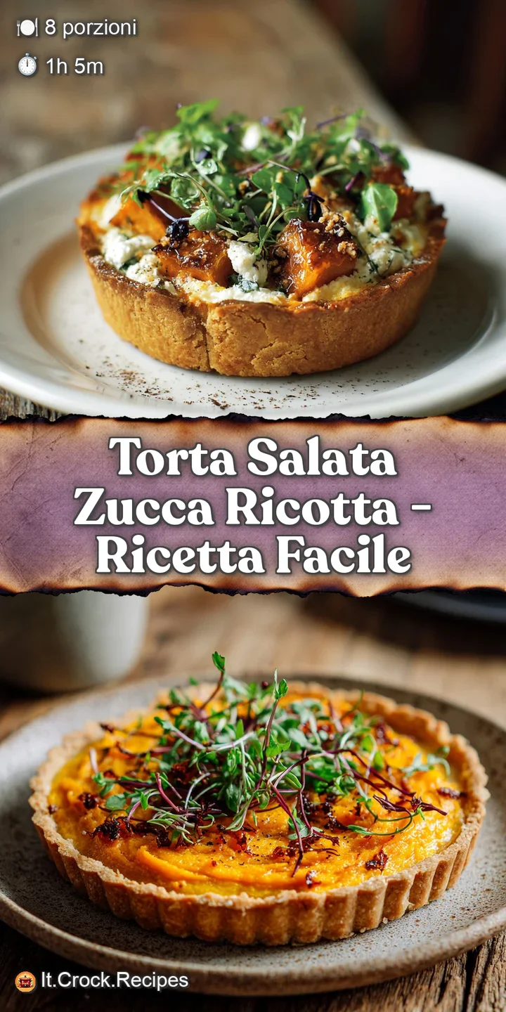 Close-up of torta salata revealing creamy ricotta and tender squash. Flaky crust is golden and crisp, promising savory, ri...