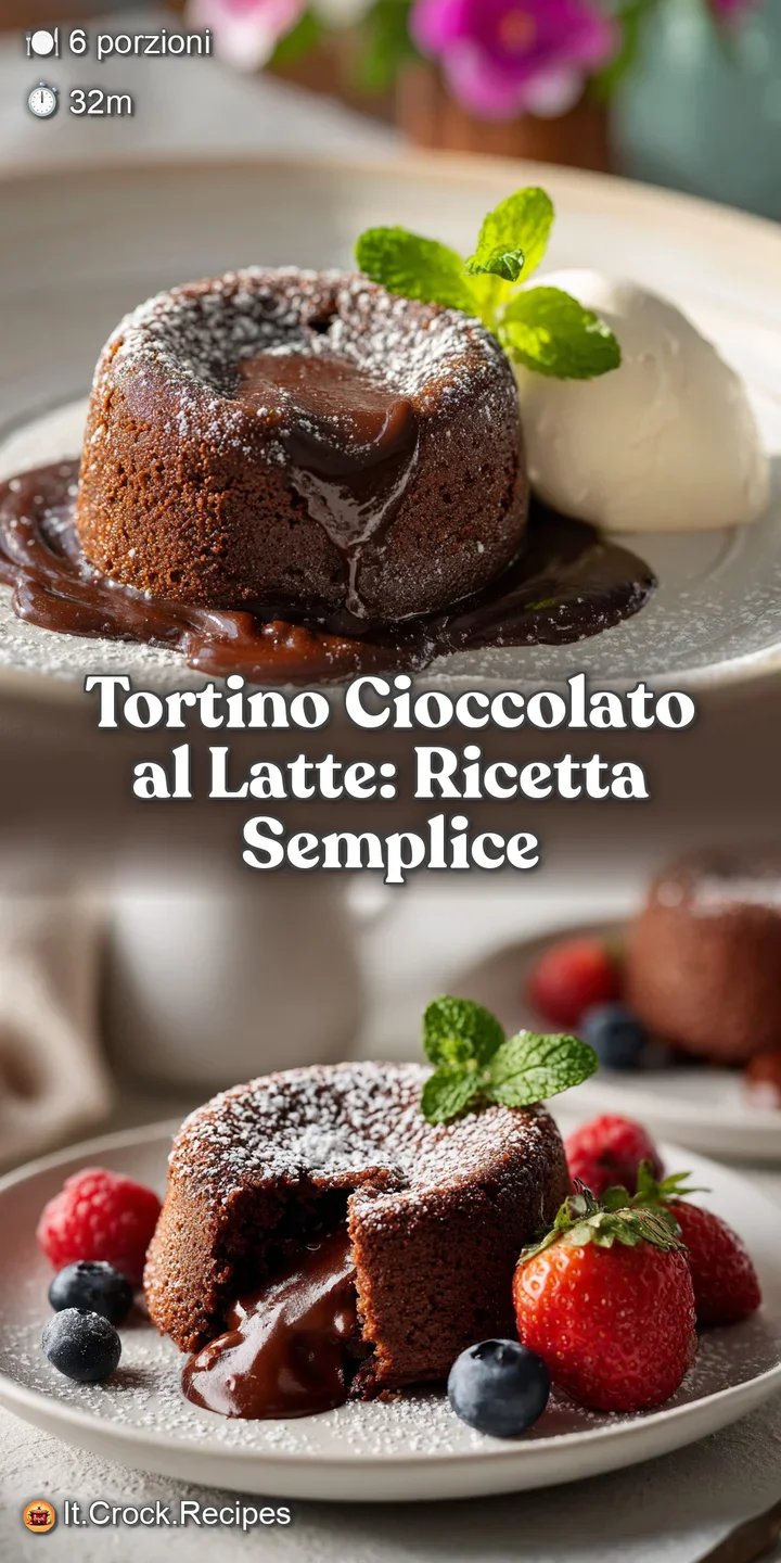 Close-up of a decadent milk chocolate tortino, warm and gooey, with a slightly cracked surface, promising a rich, sweet bite.