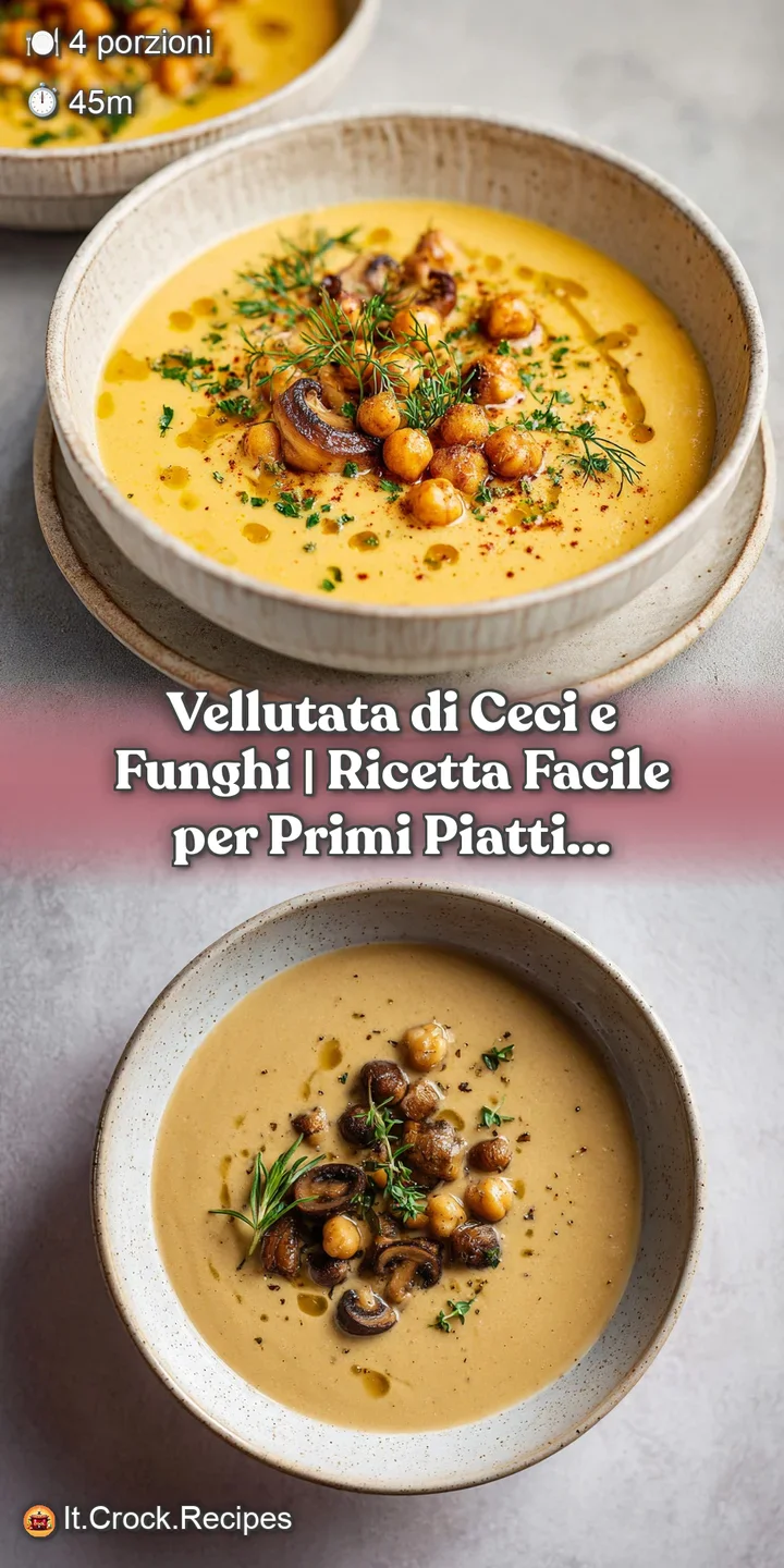 Close-up of velvety chickpea soup revealing tender mushrooms and vibrant green herb flecks.