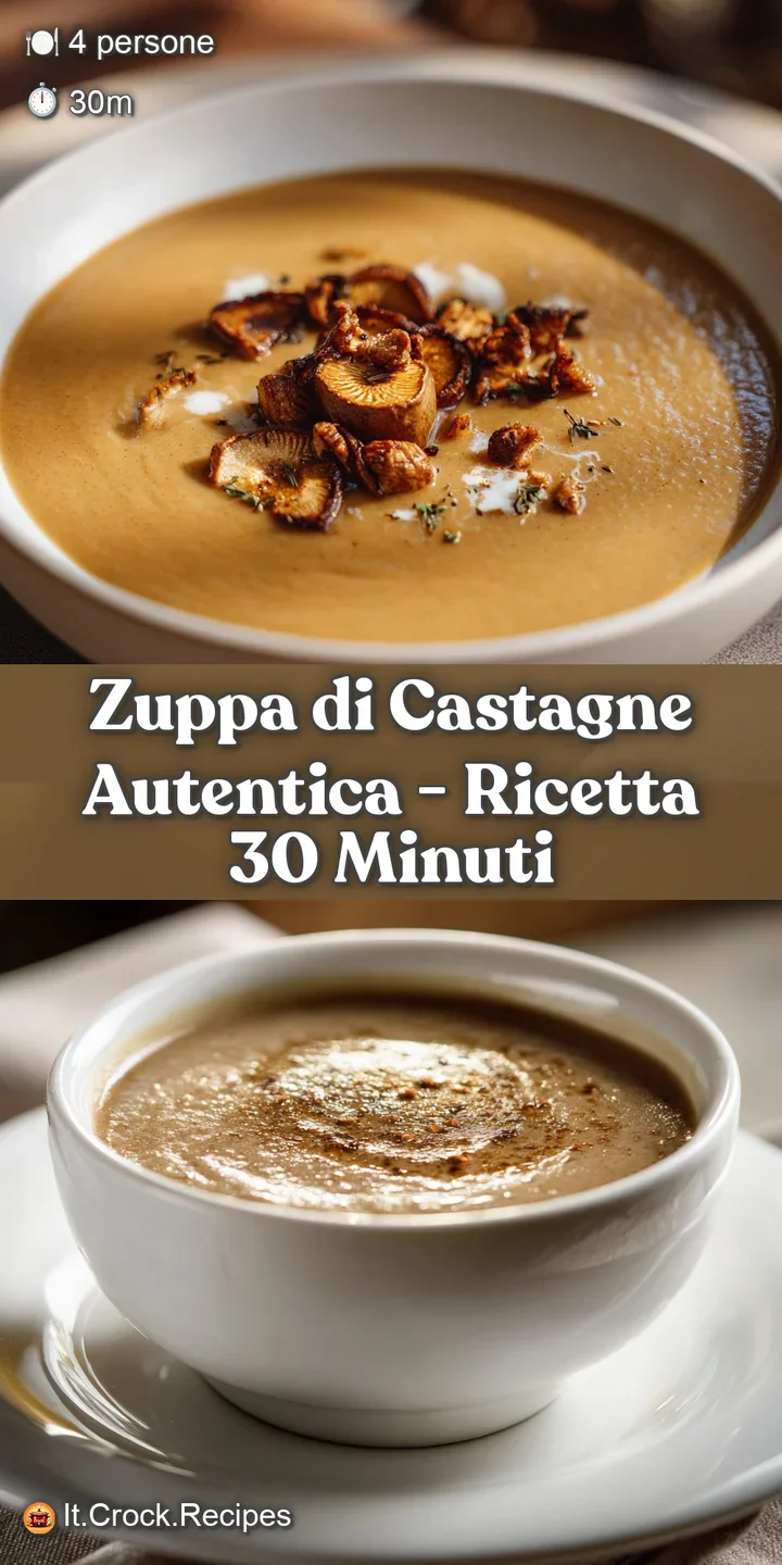 Close-up of creamy chestnut soup, highlighting its velvety texture, flecks of herbs, and inviting steam rising from the su...