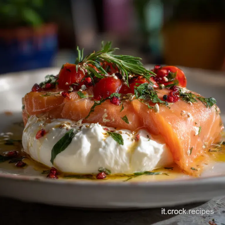 Elegant plate showcasing a perfectly formed burrata ball, drizzled with olive oil, surrounded by colorful, carefully arran...