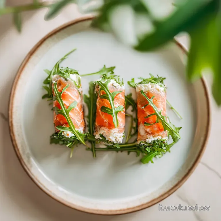 Elegant salmon appetizer: delicate rolls of rosy salmon on a bed of verdant arugula, dotted with pearls of creamy cheese, ...