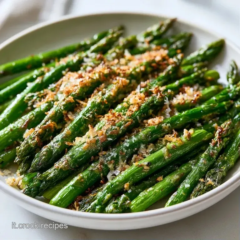 Fascio di asparagi teneri e brillanti ricoperti di granella dorata, adagiati con cura su un piatto in ceramica.