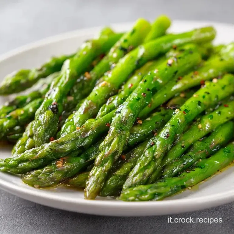 Asparagi verde intenso allineati con cura su ceramica chiara, rifiniti con un pizzico di pepe nero e sale marino.