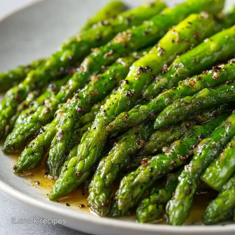 Asparagi teneri e verde vivo allineati con precisione su ceramica chiara, rifiniti con un filo d'olio dorato e pepe.