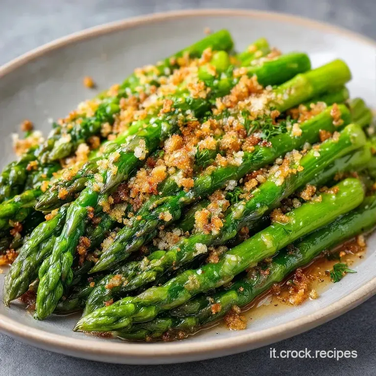 Gambi di asparagi verde intenso allineati, guarniti con granella tostata color ambra e un filo d'olio lucido.