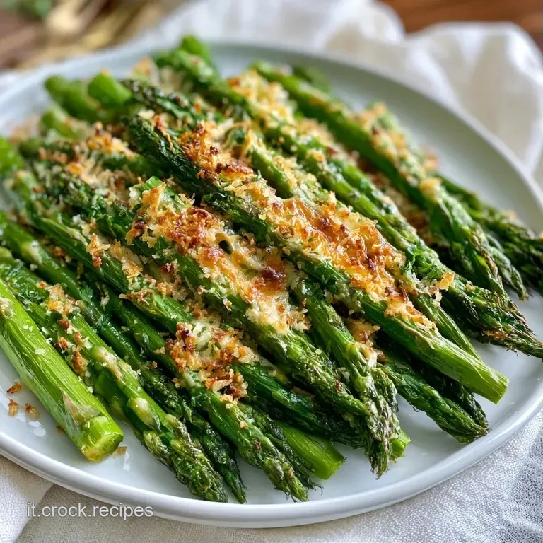 Gambi di asparagi verde brillante, ricoperti di formaggio fuso color ambra, elegantemente adagiati su un piatto bianco.