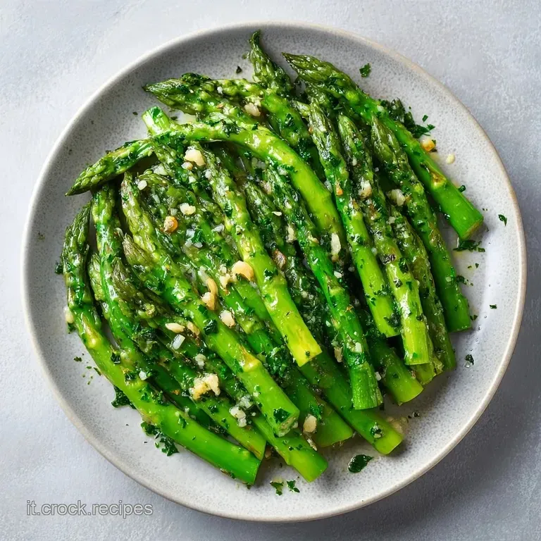Asparagi teneri disposti ordinatamente, guarniti con prezzemolo fresco e un filo d'olio che riflette la luce naturale.