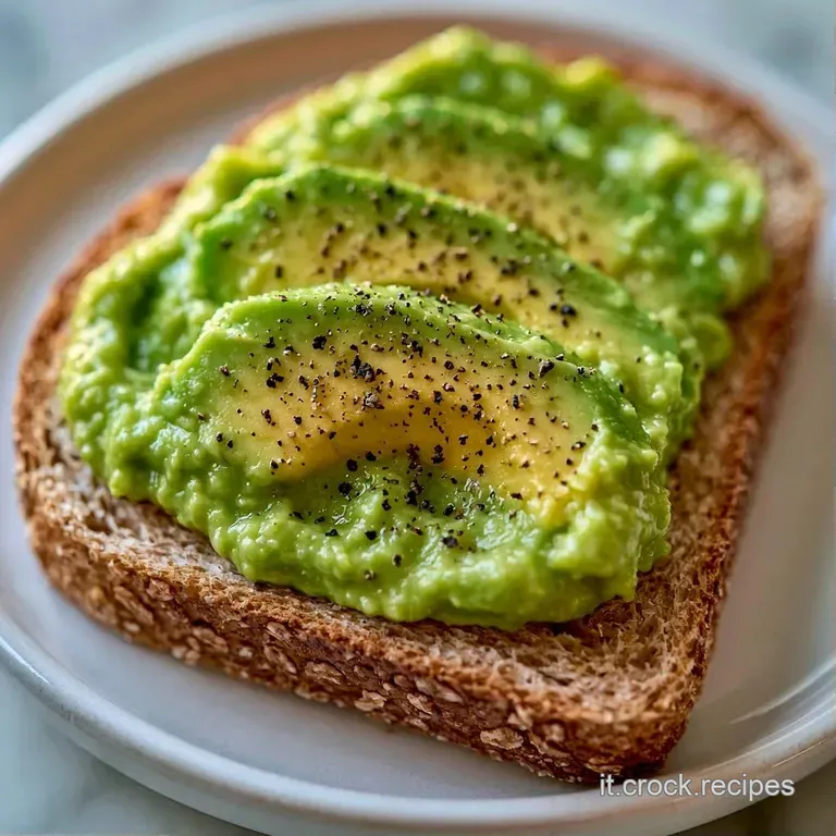 Composizione minimalista di avocado schiacciato su pane croccante, guarnito con fettine di ravanello e germogli freschi.