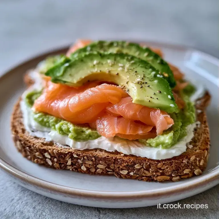 Composizione elegante su piatto bianco: salmone rosa arricciato su avocado cremoso con semi neri e erba cipollina.