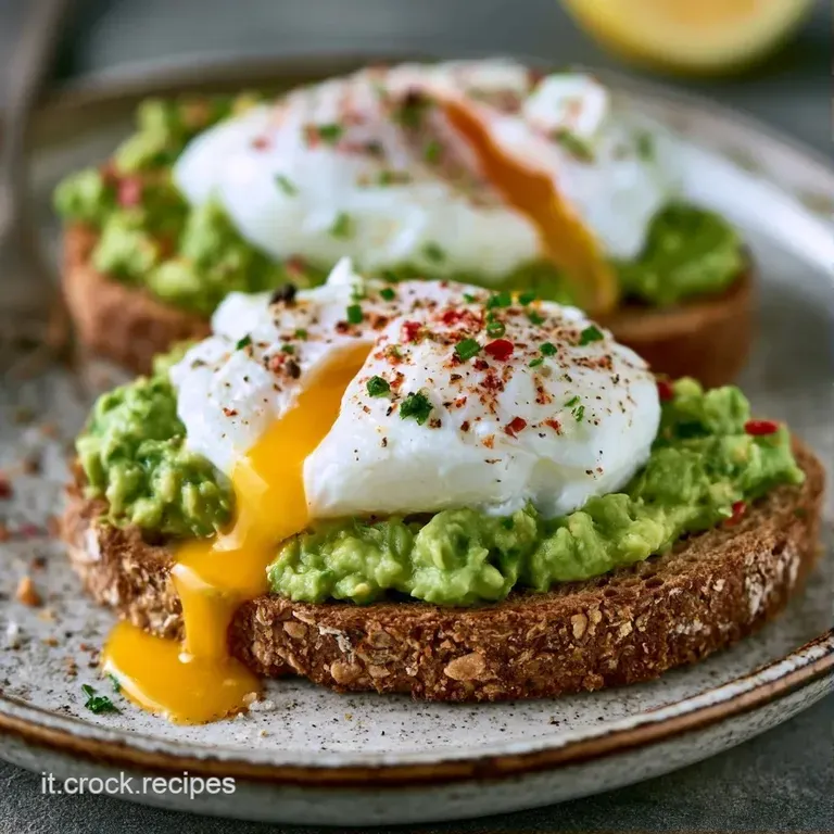 Pane tostato dorato su ceramica bianca con avocado cremoso, uovo morbido, semi di sesamo e tocchi di verde fresco.