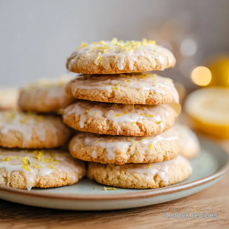 Pila di biscotti soffici color crema su un piatto bianco, accanto a una fetta di limone fresco e un tovagliolo di lino.