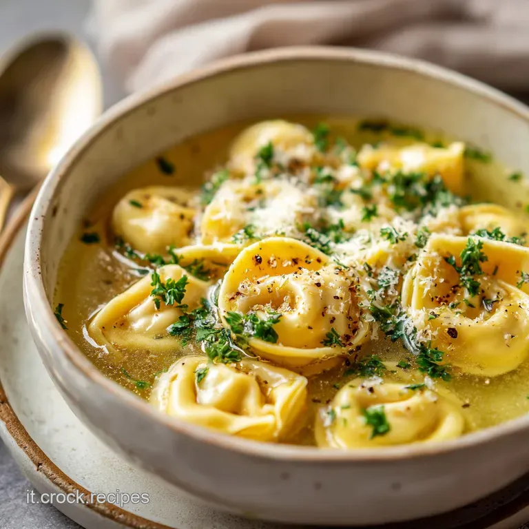 Delicate tortellini swim in rich, amber broth within a shallow bowl, garnished with verdant parsley and grated Parmigiano.