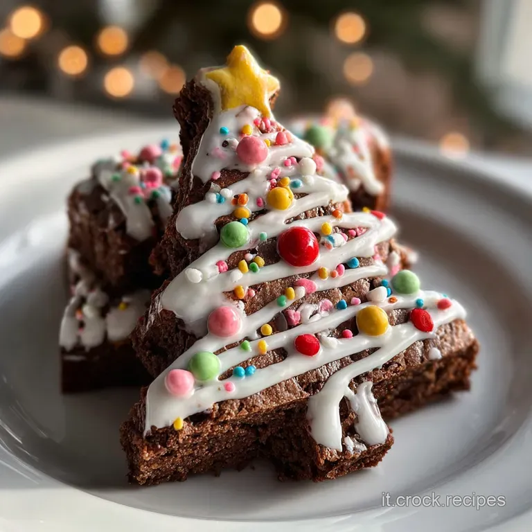 Festive brownie Christmas trees decorated with vibrant candy sprinkles sit on a white platter.