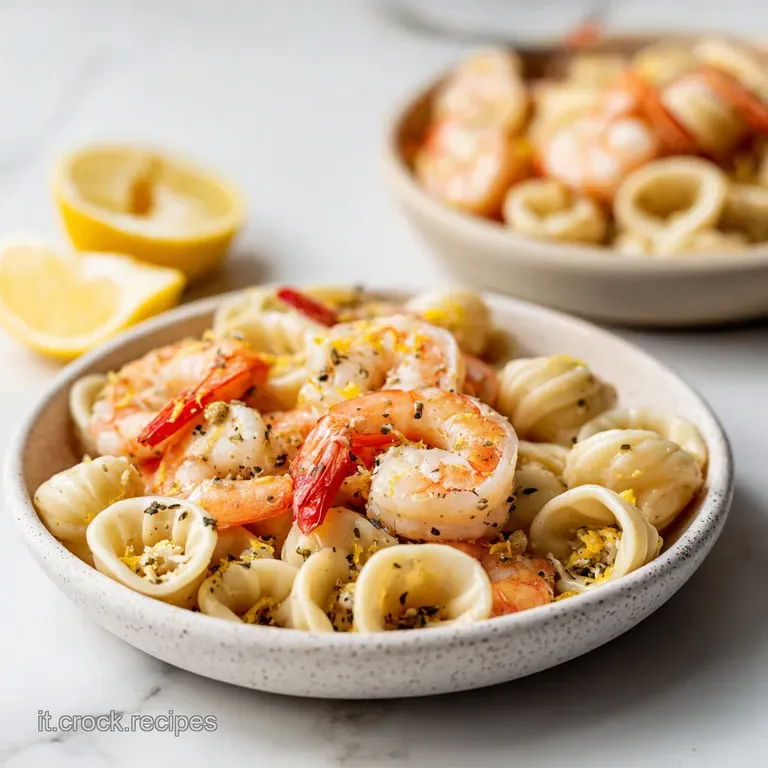 Composizione raffinata di pasta corta lucida, gamberi succosi e fettine di limone giallo brillante su ceramica chiara.