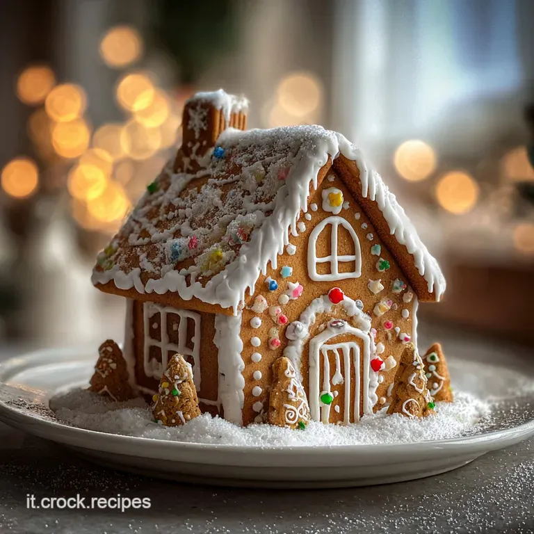 Gingerbread house on a white plate, dusted with powdered sugar. Meringue swirls create a snowy rooftop and candy canes acc...