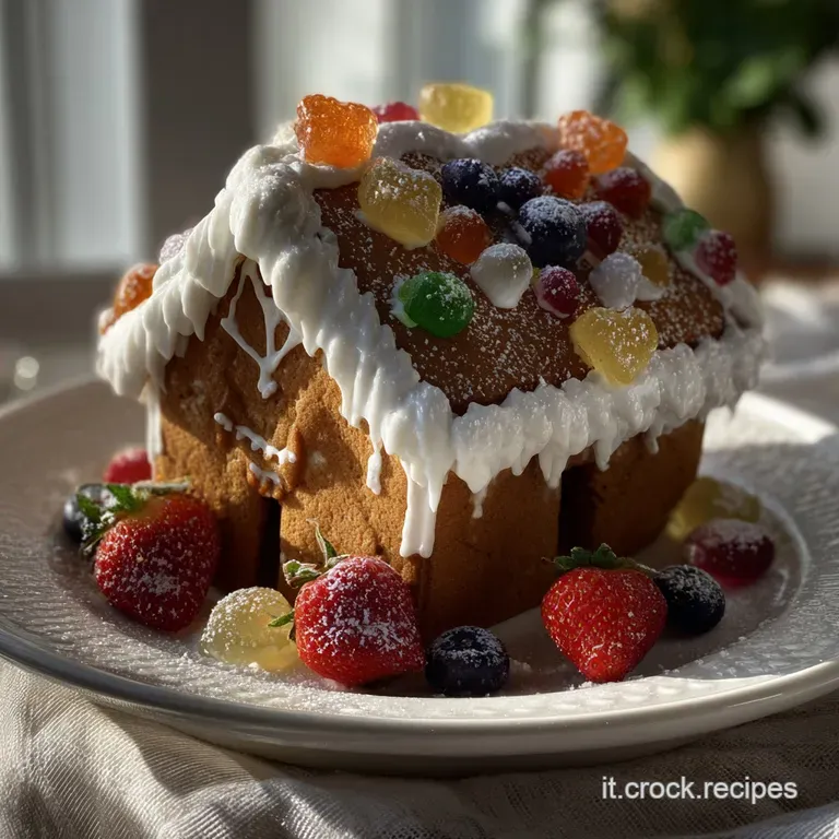Gingerbread house components artistically arranged on a wooden board, showcasing detailed edges and contrasting dark, rich...