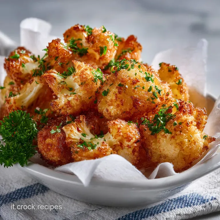 A vibrant serving of baked cauliflower with herbs, artfully arranged on a speckled ceramic plate. Steam subtly rising, inv...