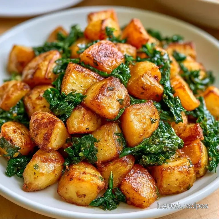 Composizione elegante in ciotola di ceramica con foglie verdi scure avvolte a morbido e patate cremose vaporeggianti.
