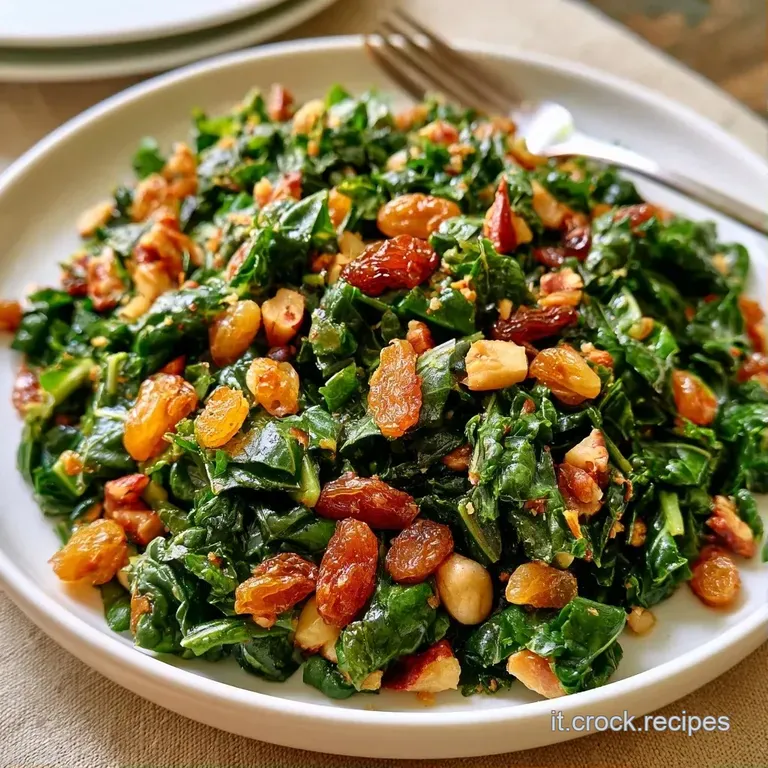 Composizione raffinata di cavolo nero saltato, con chicchi d'uvetta ambrata e un filo d'olio extravergine d'oliva lucido.