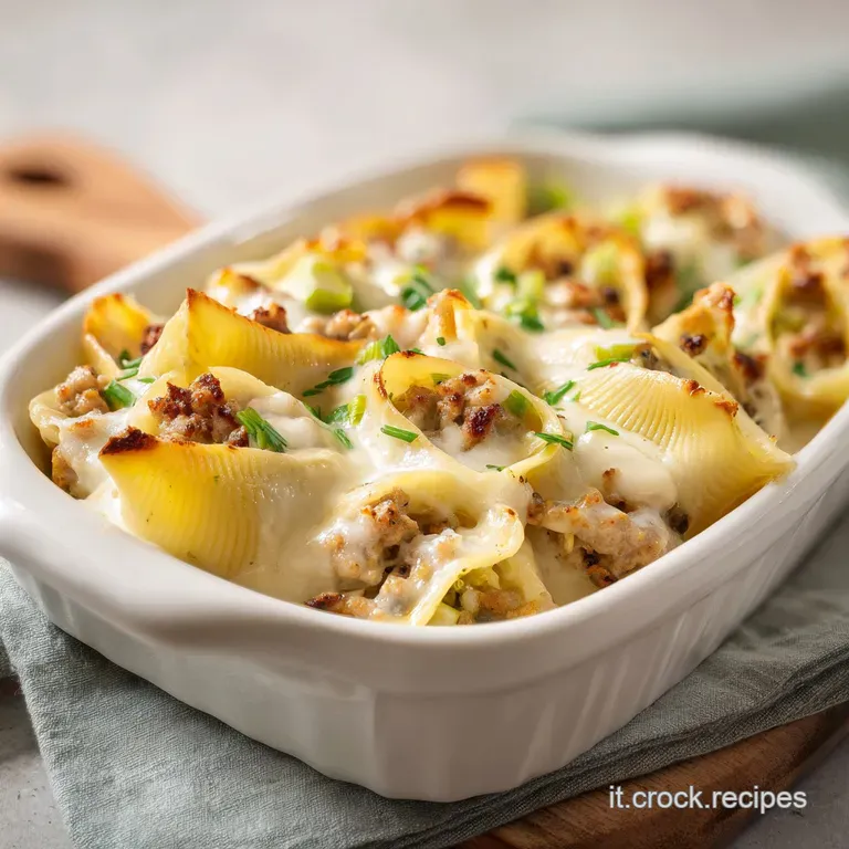 A generous portion of baked conchiglioni pasta, topped with glistening sausage and herbs, served on a rustic plate.