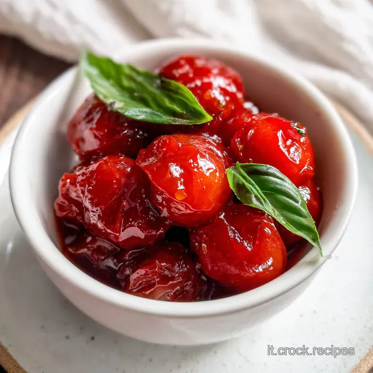 Un barattolo aperto di salsa rosso scuro, guarnita con una foglia di basilico verde brillante su sfondo bianco pulito.