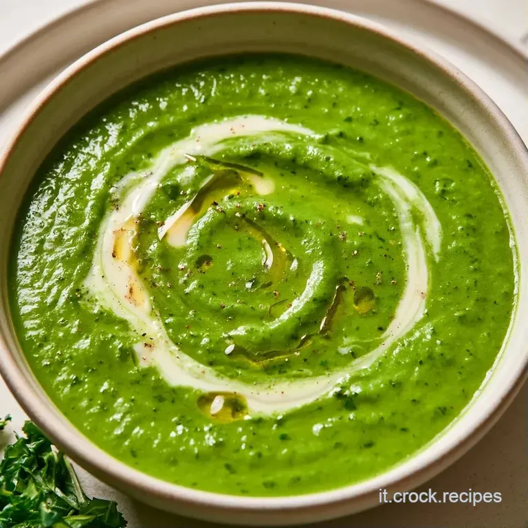 Crema vellutata color verde foresta in un piatto bianco, decorata con scaglie di mandorle chiare e un tocco di pepe.
