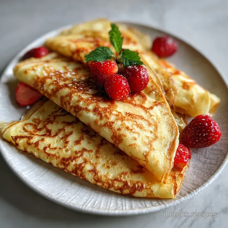 Golden crepe elegantly folded, topped with fresh strawberries and a dusting of powdered sugar. A light, airy dessert.