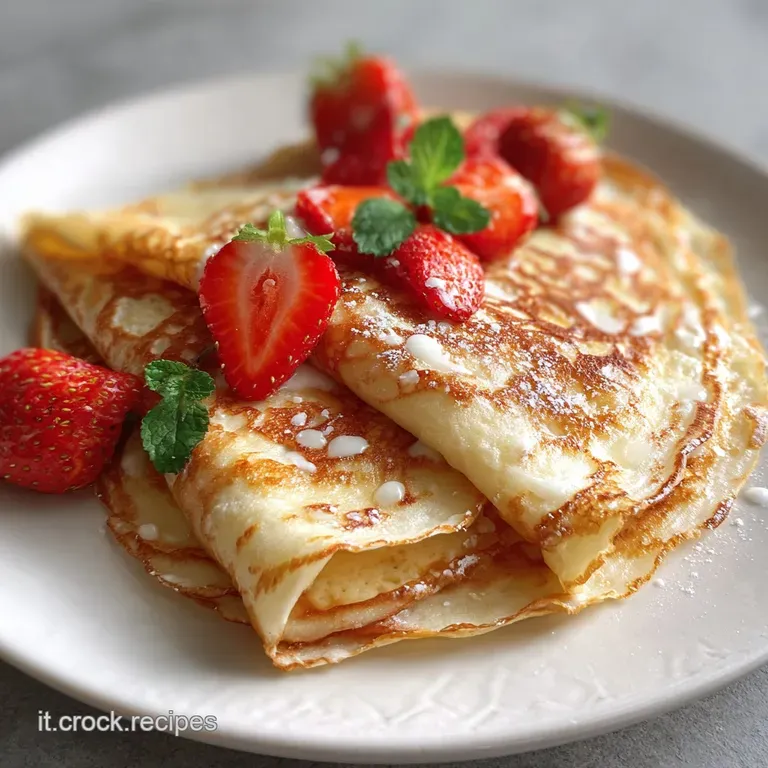 Thin crepe elegantly folded on a white plate, filled with bright red berries and dusted with sugar. Light, airy, and delic...