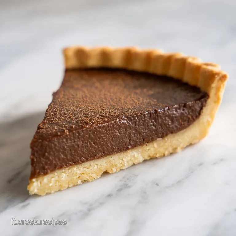 Fetta di crostata marrone lucida su piatto bianco, decorata con panna soffice e una spolverata di cacao amaro.