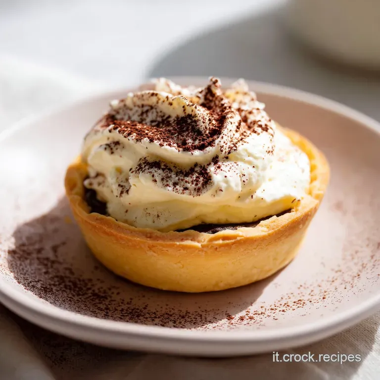 Fetta di dolce su piatto bianco: strati di crema densa e base croccante, decorata con un tocco di cacao in polvere.