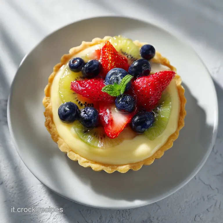 Slice of creamy crostata on a white plate, dusted with powdered sugar. A tempting dessert in a simple, elegant display.