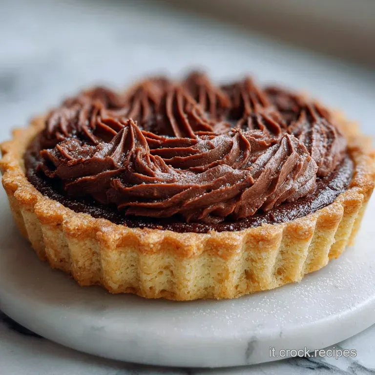Slice of Nutella crostata on a white plate, dusted with powdered sugar. A tempting dessert showcasing flaky pastry and ric...
