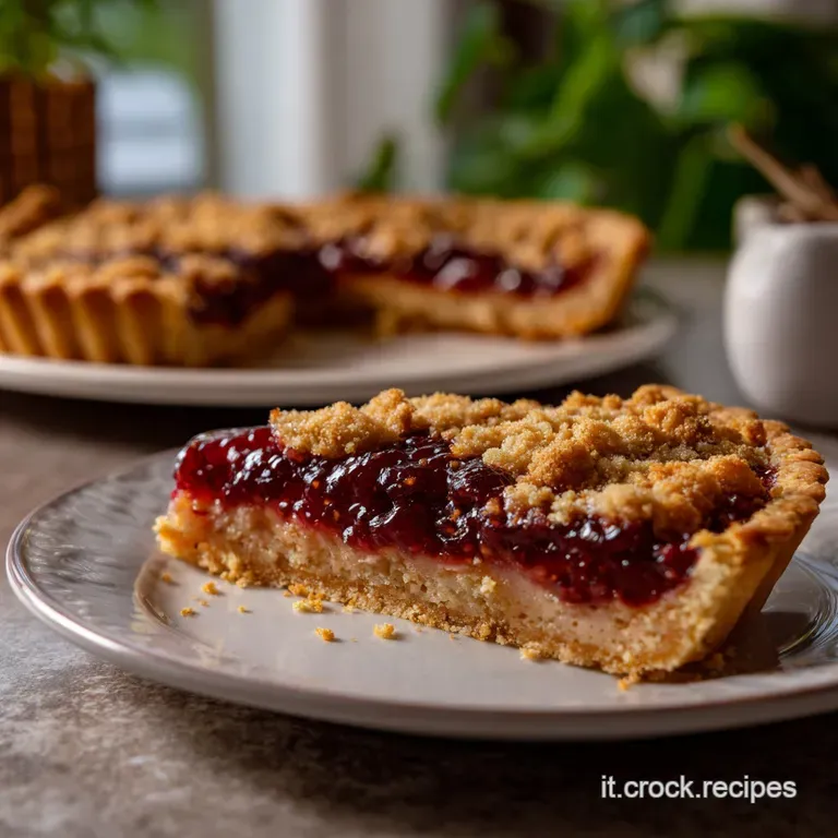 Slice of rustic crostata on a white plate. Jam filling glistens, the pastry crust is flaky, served with a dollop of cream.