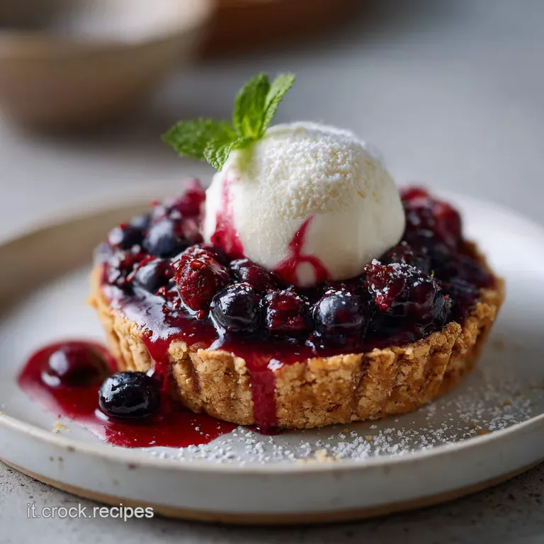 Slice of creamy panna cotta crostata on a white plate, garnished with vibrant berries. The crust has a satisfying flaky te...