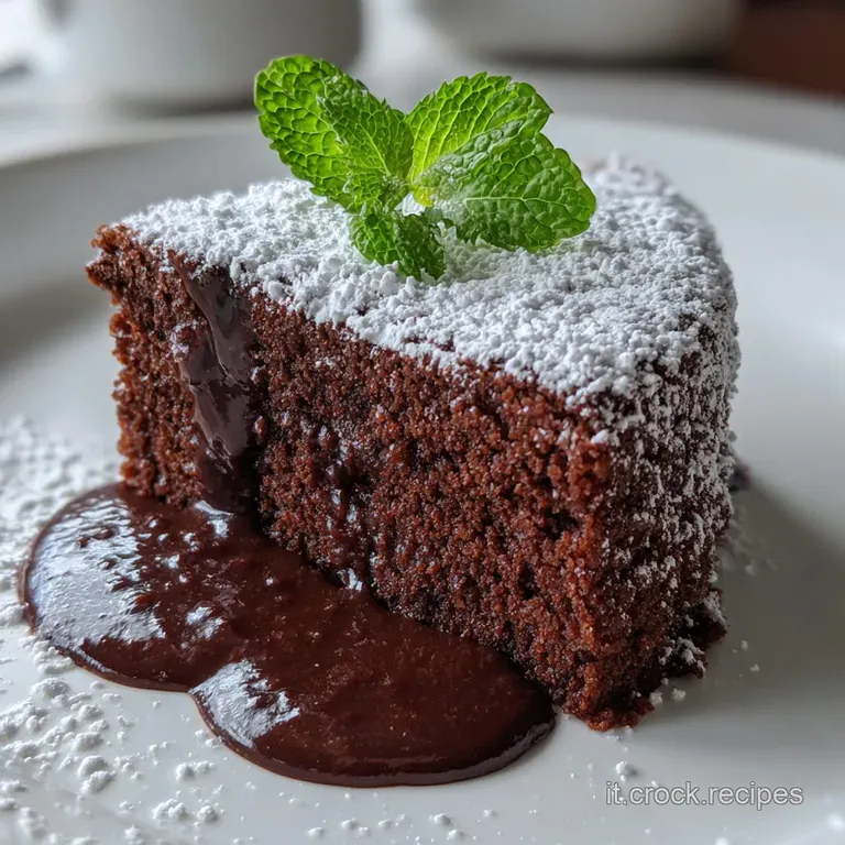 Elegant slice of dark chocolate torte on a white plate, dusted with cocoa. Garnished with fresh raspberries and a sprig of...