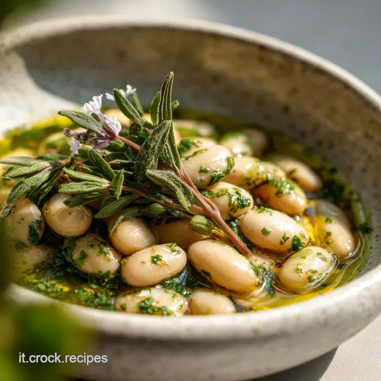 A swirl of velvety white bean puree plated elegantly and drizzled with rich, golden olive oil and vibrant fresh herbs.