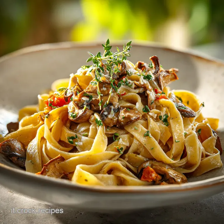 Elegant plate of fettuccine ai funghi porcini, topped with fresh parsley. Steam rises, suggesting warmth and rich flavor.