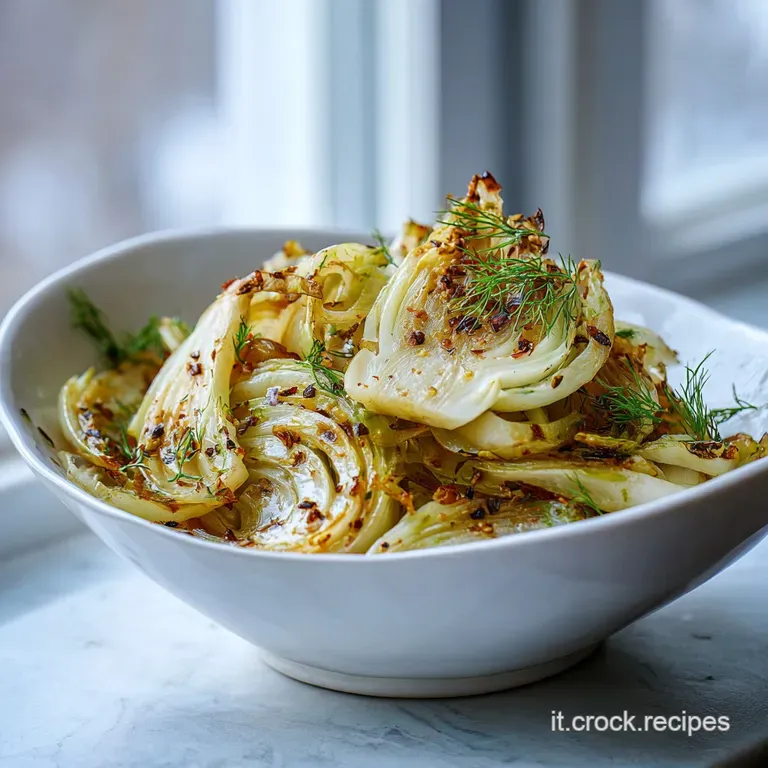 Elegant plate of tender fennel, edges caramelized, with a sprinkle of herbs. Steam rises slightly; a simple, comforting dish.