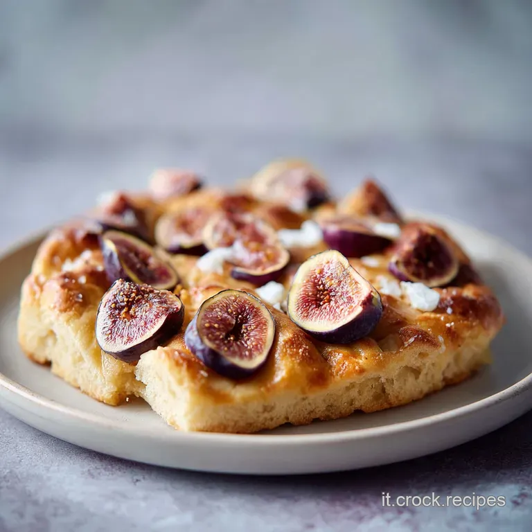 A thick slice of fig focaccia on a white plate. Crumbs catch the light, highlighting the airy dough and dark, jammy figs.
