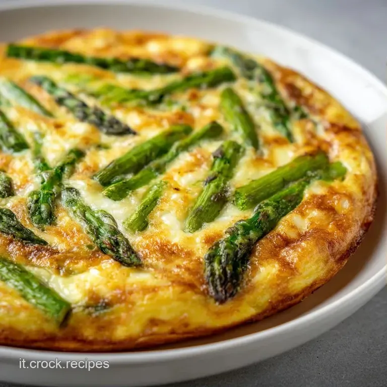 Una fetta spessa di frittata gialla e soffice adagiata su un piatto, guarnita con erbe fresche e asparagi teneri.