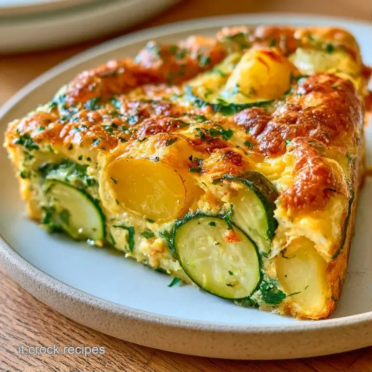 Una fetta alta e soffice di frittata dorata adagiata su un piatto piano, guarnita con foglioline di prezzemolo fresco.