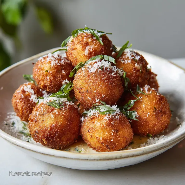 Tower of crispy, golden-brown frittatine, dusted with parmesan, catches the light against a dark, blurred background.