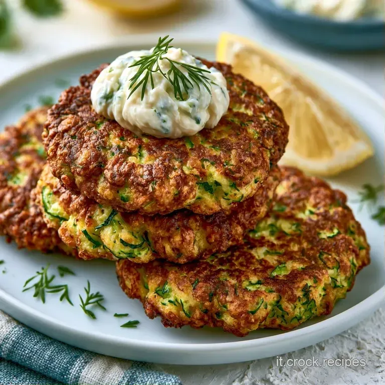 Pile di frittelle dorate guarnite con una crema bianca vellutata e un rametto di menta fresca su un piatto di ceramica.