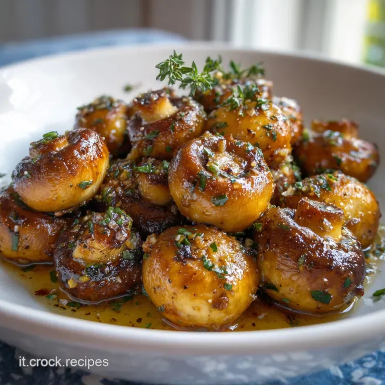 A mound of glistening, golden-brown mushrooms and herbs atop toasted bread, hinting at earthy flavors and rustic charm.