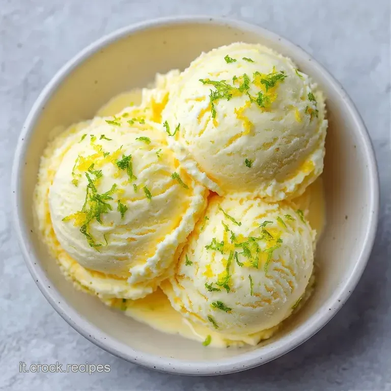 Coppa di vetro con gelato giallo crema, decorata con una foglia di menta fresca e gocce di condensa sulla parete.