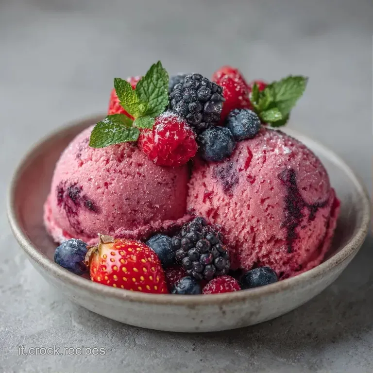 Gelato allo yogurt bianco e rosa servito in bicchieri di vetro, decorato con menta verde e mirtilli lucidi e turgidi.