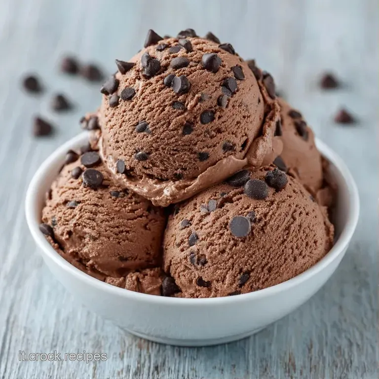 Elegante dessert con gelato al cioccolato cremoso, gocce di panna fresca e un tocco di polvere di cacao su piatto bianco.
