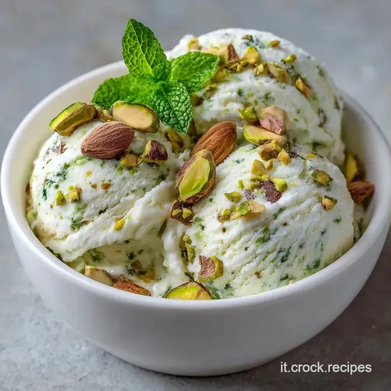 Dessert gelato bianco vellutato in un bicchiere di vetro, guarnito con frutti di bosco freschi e una foglia di menta.